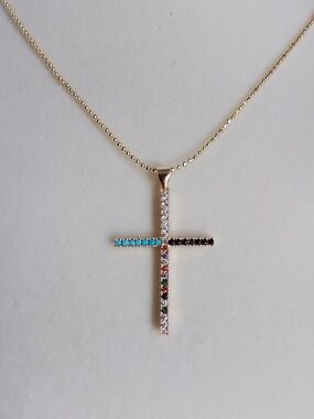 Gold Plated Cross Pendant Necklace with Multicolor Accents